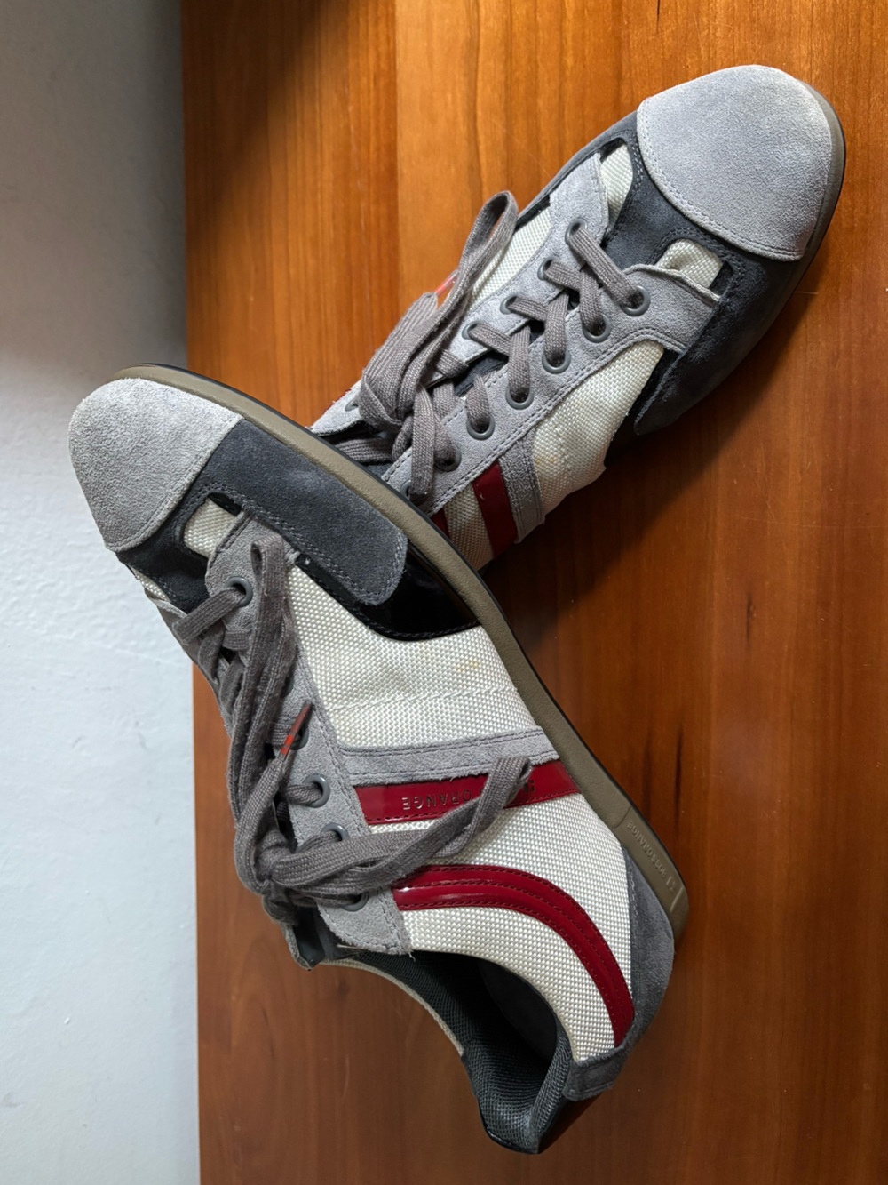 NWOT HUGO BOSS ORANGE Gray Suede, White Mesh & Red Stripe Sneakers Size 42